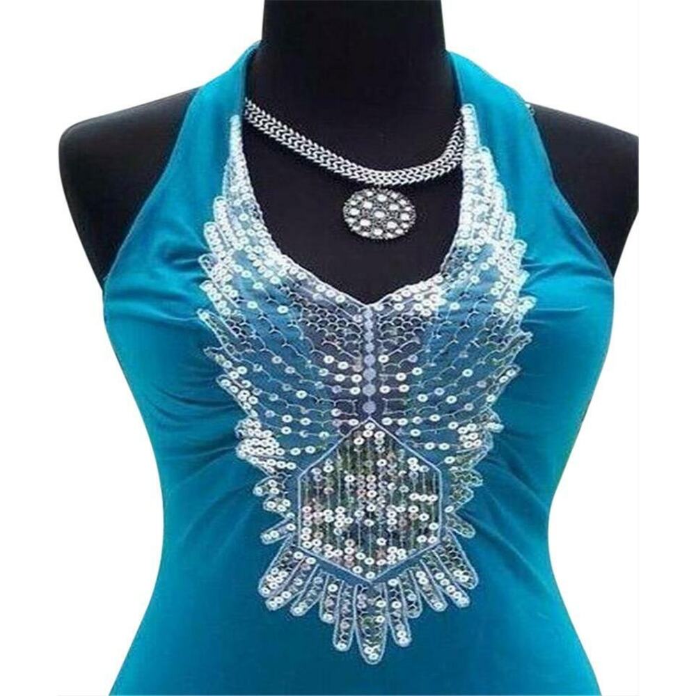 Cache Ruched Peek A Boo Sequin Plung 2 Navel Halter Top New Stretch NWT $118